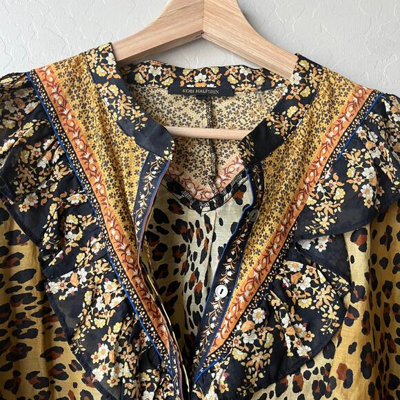 Kobi Halperin Top‎ Leopard Print Ruffle Trim Silk Cotton Gold Blouse Size L - Picture 5 of 9